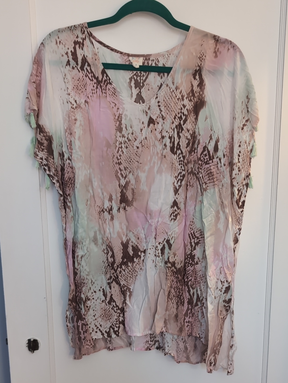 Surf Gypsy Pastel Snake-Print V-Neck Tunic in Pink, Mint & Brown
